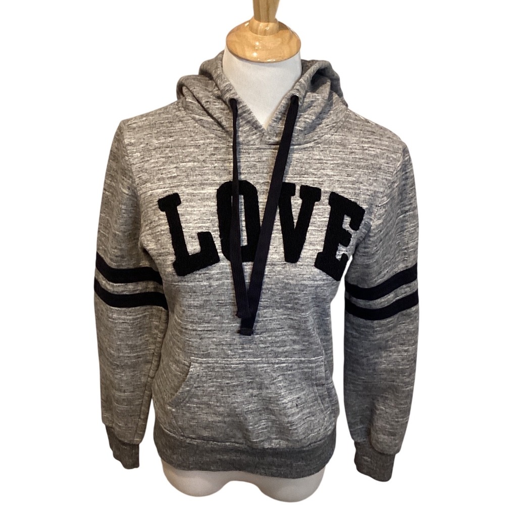 Reflex Gray Heathered LOVE‎ Graphic Hoodie Sweatshirt Striped Sleeve Women's XS